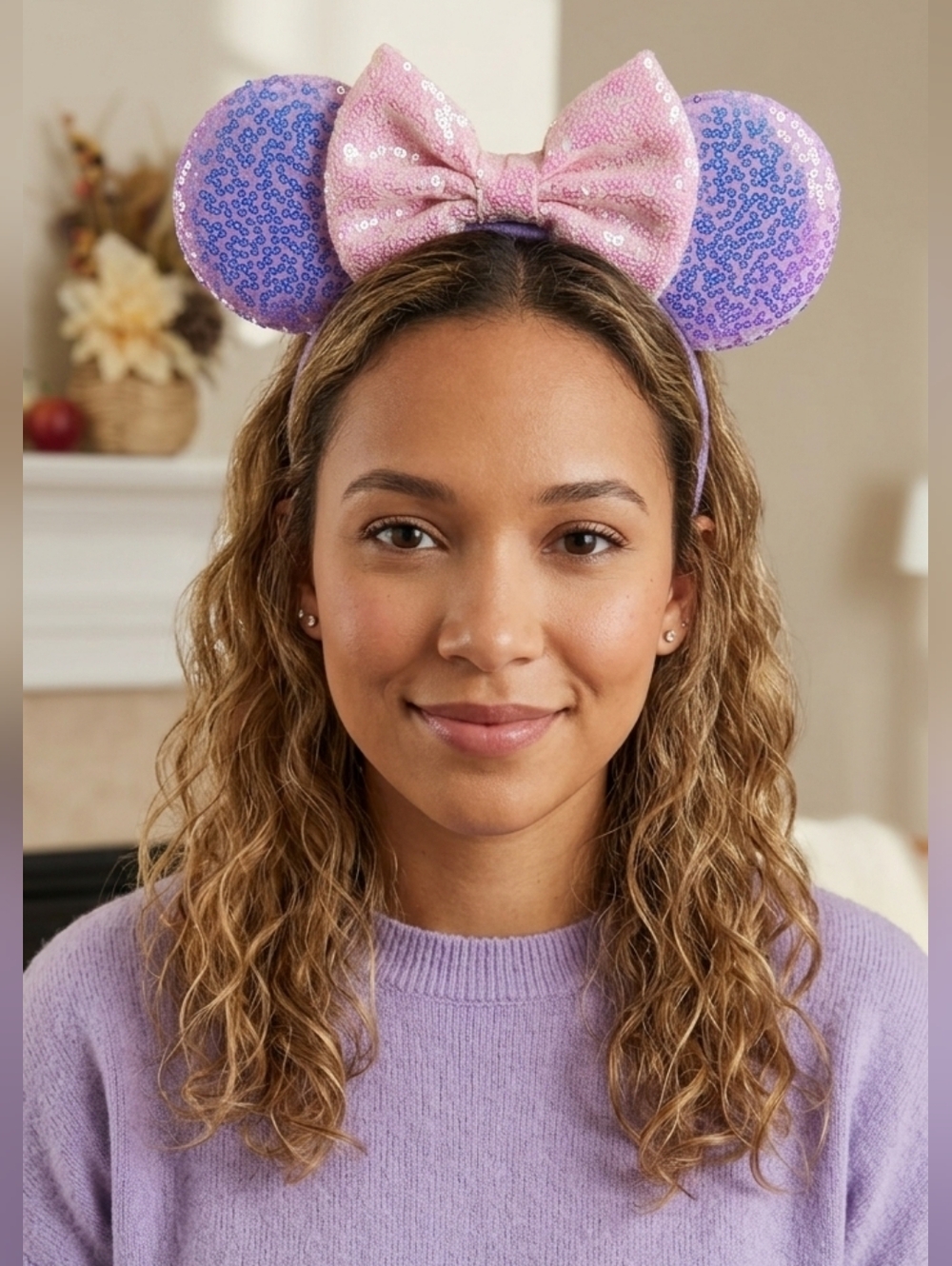 Disney Inspired NWOT Purple/Pink Sequins Minnie Mouse Ears with Bow- Headband